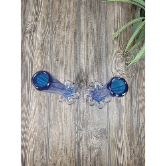 2 Vintage Bud Vases Blue, Twisted Tube Stem, Elephant Base, Art Glass - Picture 5 of 5